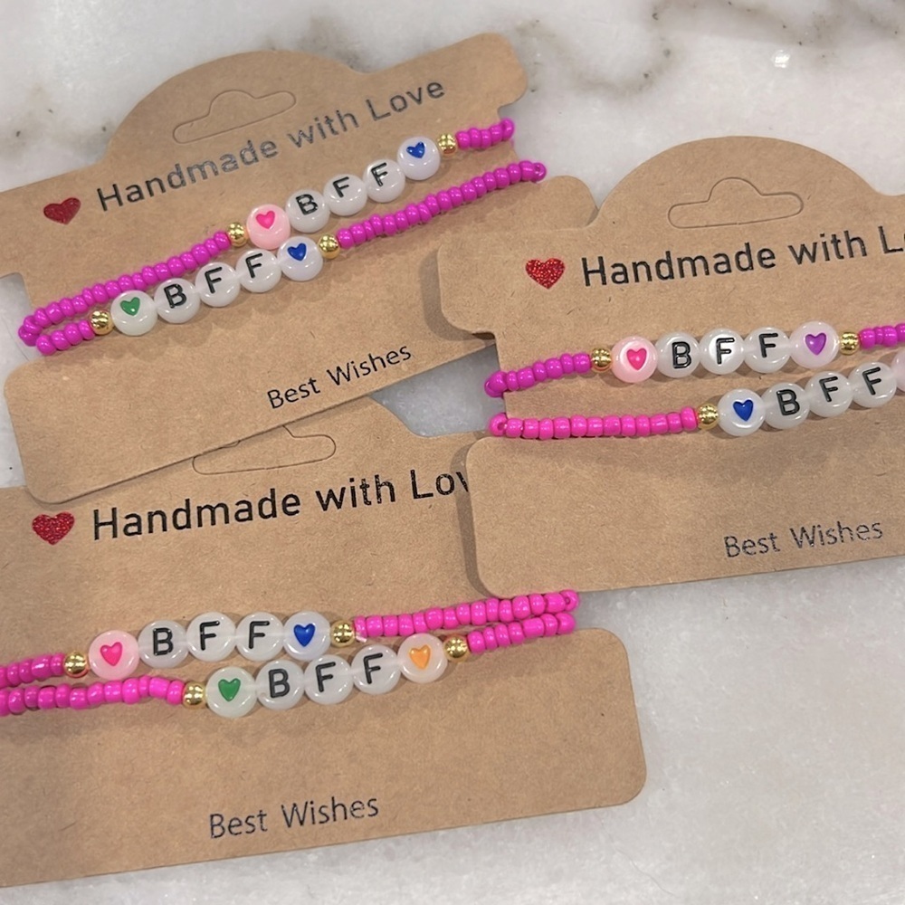 Best Friend Forever BFF Letter Bead Pink Stretch Bracelet Set - 2 Bracelets
